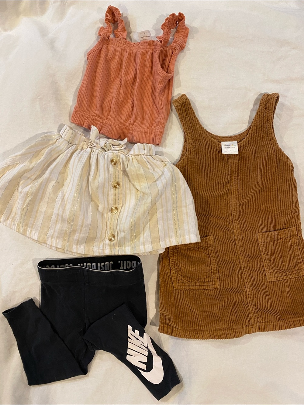 Girls 2T Lot.  Dress, cream skirt( built in shorts) Peach Top and Nike Pants